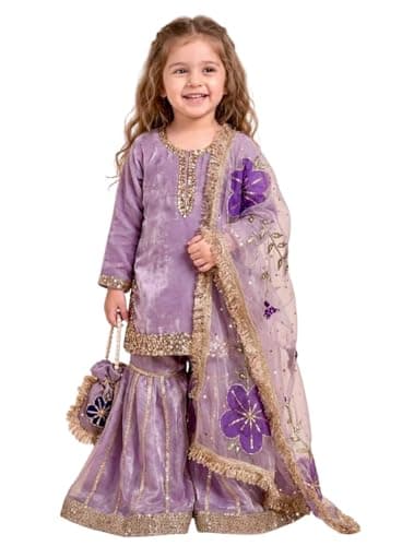 QLUVA Kids Silk Kurta Sharara Set For Girls With Dupatta - Indian Ethnic Party Wear Embroidery Sequence Work. (purpal, 9-11 years)