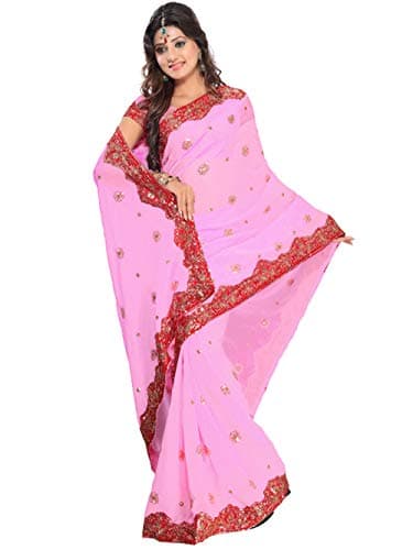 Indian Trendy Women's Bollywood Sequin Embroidered Sari Festival Saree Unstitched Blouse Piece Costume Boho Party Wear (Pink)