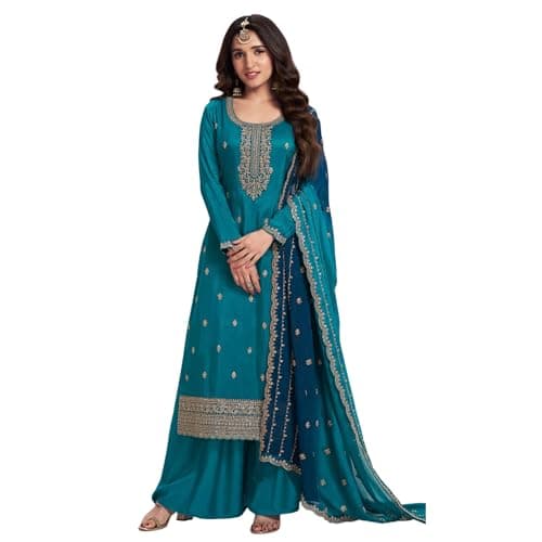 stylishfashion Ready to Wear Shalwar Kameez Sharara Suits Indian Pakistani Wedding Wear Dresses (US, Numeric, 44, Regular, Regular, Teal Blue 2)