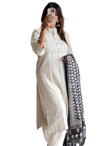 Indya White Striped Cotton Straight Kurta Set for Casual | 3/4 Sleeve | Collar | Indian Ethnic Wear