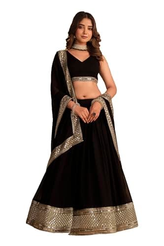 STELLACOUTURE indian ready to wear lehenga choli for women flared party night with stitched blouse 8328-U (Black, 40)