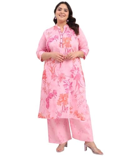 Tissu Women's Plus Size Cotton Satin Pink Floral Printed Kurta with Palazzo (Plus-735_Pink_8XL)