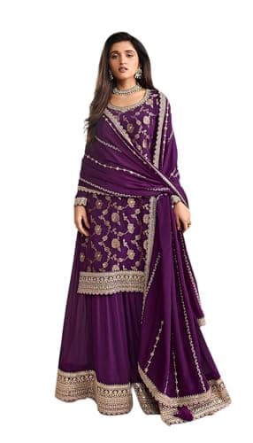 Shreeva Fashion Indian Pakistani Dresses for Women Palazzo Style multi work Salwar Kameez Suit, Large, Purple
