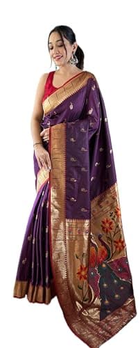 Rang Priya Paithani silk saree with rich contrast weaving pallu and unstitched blouse (Purple)