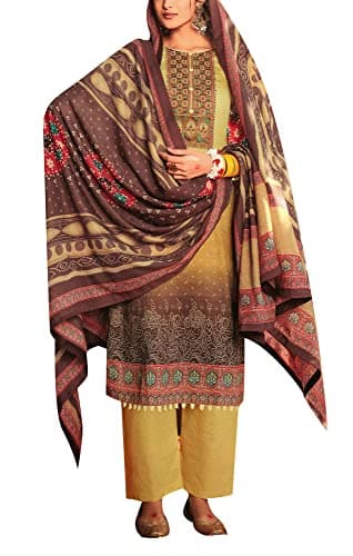 ladyline Pure Cotton Elegant Embroidery Salwar Kameez with Bandhani Printed Cotton Dupatta (L/Beige/42)