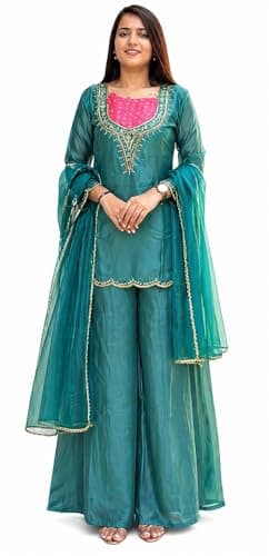 BLACK PANDA Women’s Elegant Teal Kurta Palazzo Set with Premium Organza Dupatta | Embroidered Festive Ethnic Wear (US, Alpha, Large, Regular, Regular, Teal Green)