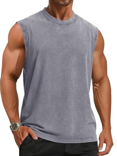 Mens Shirts Summer Tank top Sleeveless Loose Workout Tops Acid Wash Cotton Tshirts 2026, Plain Grey, XL