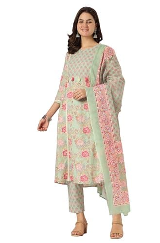 Janasya Indian Women's Cotton Aqua Floral Print Casual Wear Kurta Set for Women