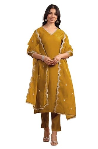 Janasya Indian Women's Chanderi Silk Solid Festive Wear Kurta Set for Women