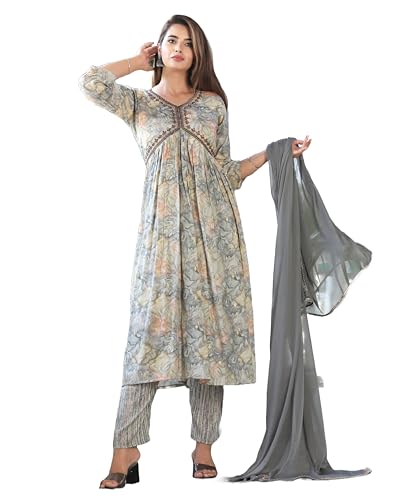 G4Girl Aliya-Cut Rayon Kurti Pant With Dupatta For Women's (Grey,S)