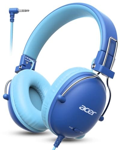 Acer Kids Headphones for School, 74/85dB Safe Volume,Kids Headphones with Cord, 3.5mm Jack, Stereo Sound Wired On-Ear Headphones for Airplane Travel, Boys Girls, Chromebook,Kids Tablet,Blue