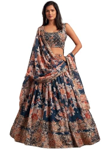 Indya Women's Blue Organza Floral Print Sleeveless Round Neck Lehenga Set