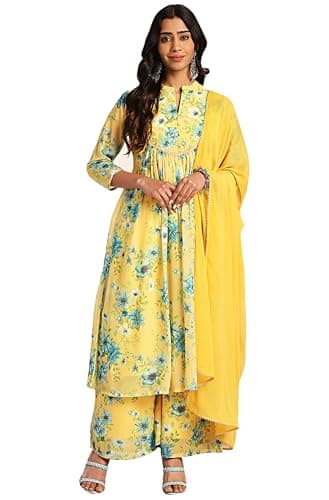 Janasya Indian Women's Georgette Yellow Floral Print Festive Wear Kurta Set for Women