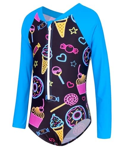 uideazone Baby Girls Neon Doughnut Ice Cream One-Piece Zippered Summer Sun Protection Sunsuit Swimsuit 7-8 Years Swimwear UPF 50+ Rashguard Long Sleeve Bathing Suits