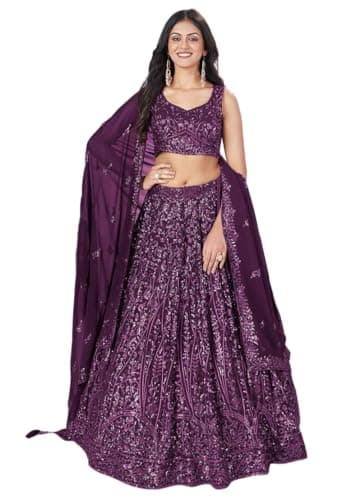 Indya Women's Purple Georgette Sequin Embroidered Lehenga Set, Sleeveless, Sweetheart Neck