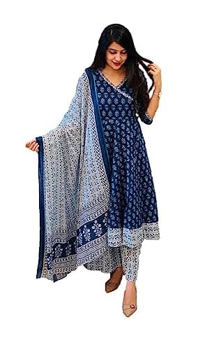 Vastraghar kurta set for women Indian Tunic Tops Cotton or Rayon kurti with palazzo Trouser party wear (Blue, X-Large)