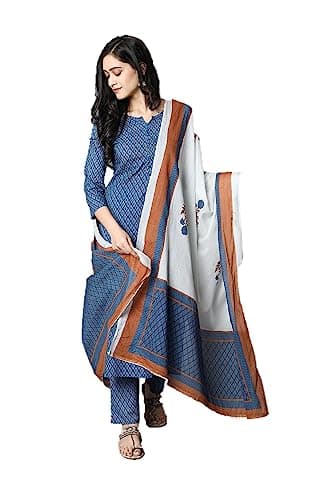kurta set for women with dupatta Formal Party Wear Dress Indian Clothing Casual Silk Blend Tunic Tops (XX-Large, Teal Blue & Beige-1)