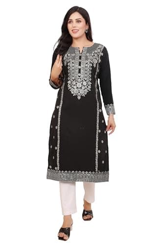 Indian Kurtis for Women Printed Long Kurta Party Clothing (Black, L)