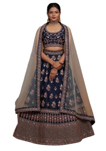 Indya Blue Silk Blend Embroidered Lehenga Choli Set for Wedding | Sleeveless | Crew Neck | Indian Ethnic Wear