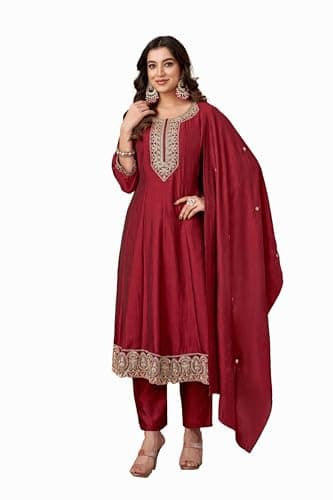 Vedant Vastram Women's Roman Silk Embroidered Stitched Salwar Kameez Dupatta Set (Kaveri-Maroon-L)