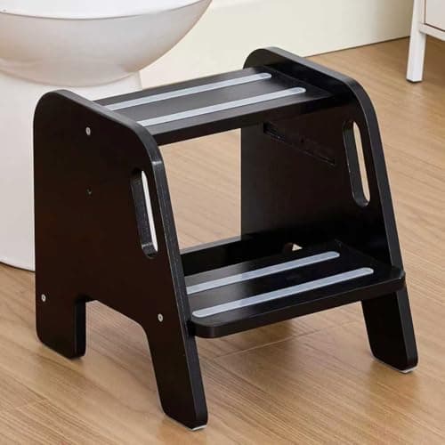 WOOD CITY Toddler Step Stool, Wooden 2 Step Stools for Bathroom Sink Potty Training Kitchen Dual Height Stool Helper for Kids Bonus Non-Slip Pads and Handles for Safety (Black)