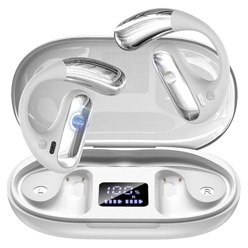 Open Ear Headphones, Bluetooth 5.4 Wireless Earbuds with Ear Hooks, 60H Playtime, AI Clear Call, LED Display Charging Case, IPX7 Waterproof Sports Earphones for Running Workouts Commute, White