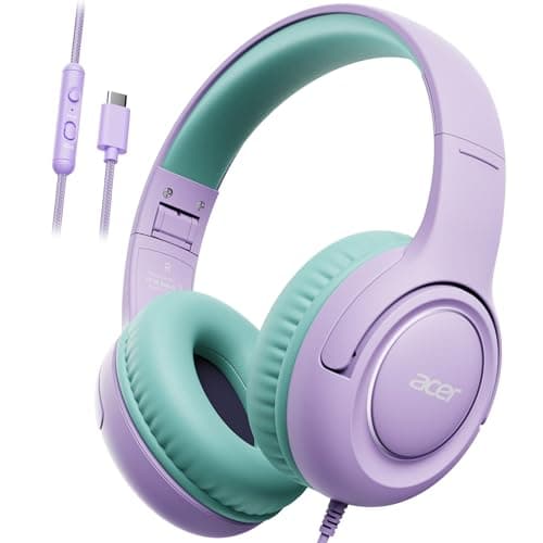 acer USB-C Kids Headphones - 85/94dB Safe Volume Limited, Foldable Wired Over Ear Headphones for Travel, Toddler Headphones for School, Travel, iPad, Tablet, Purple Green, HK03C