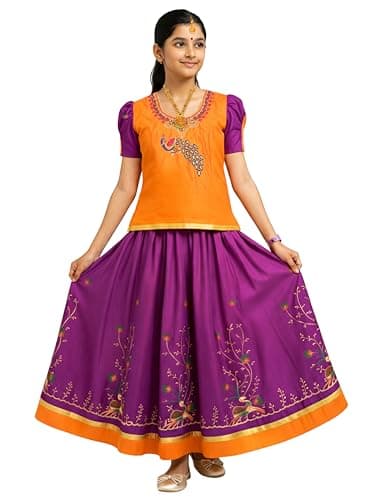 kaatru Thana Girls Pavadai Set D101 - Lehenga Choli - Orange & Violet (7-8 Years)