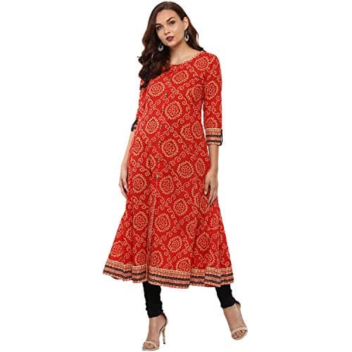 Yash Gallery Women's Plus Size Women's Indian Cotton Bandhani Anarkali kurta for Women (Red)