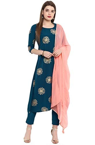 Janasya Indian Women's Teal Gold Print Festive Wear Kurta Set for Women