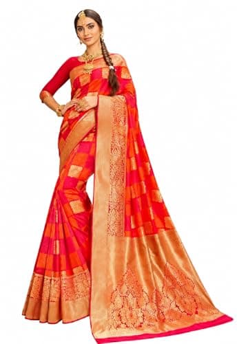 RETRO RETREAT COIN Banarasi Silk Saree for Women with Rich Zari Pallu & Contrast Blouse | Traditional Bridal Wedding Saree | Ethnic Wear