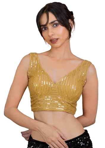 FIGURE'S DESIGNER Women's Sequin Embroidered SabyaSachi Cut Sweetheart V Neck Sleeveless Readymade Saree Blouse E30 Gold