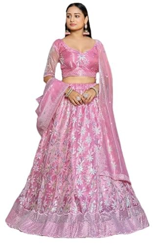 RoohVastra Ready to Wear Indian Lehenga Choli with Stitched Blouse For Women, wedding, navratri, Bridesmaid, Party 0334 (Pink, 40)