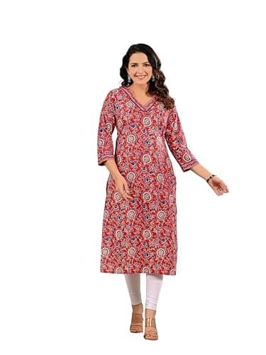 Meyali Womens Cotton Kurti – Printed Straight Fit Casual Wear | Daily Wear Indian Style Kurtis for Office, College & Outings Maroon
