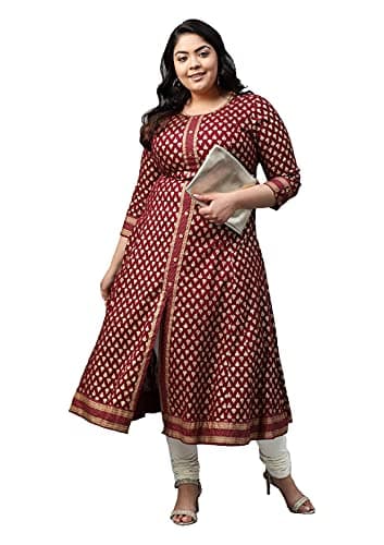 Yash Gallery Women's Plus Size Rayon Buta Print A-Line Kurta (Purple)