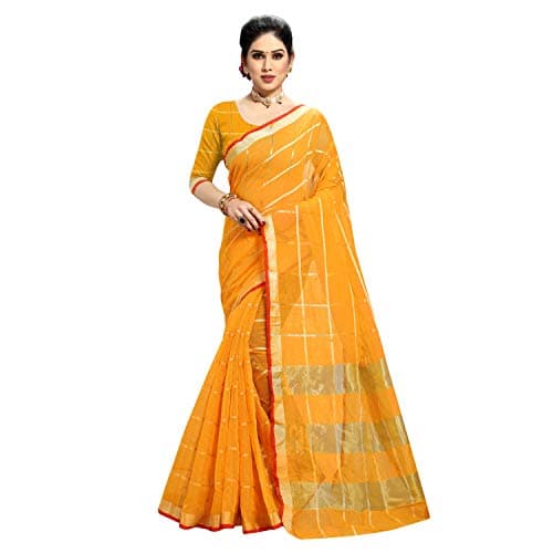 Sidhidata Textile Women's Kota Doria Cotton Saree With Blouse Piece (Malang-Yellow_Gold_Free Size)