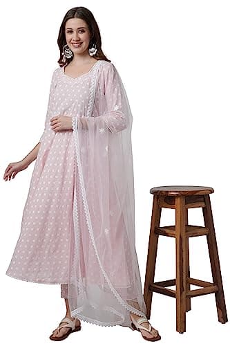 miss fame Women's Cotton Anarkali Kurta with Pants and Dupatta - (Pink, Large)