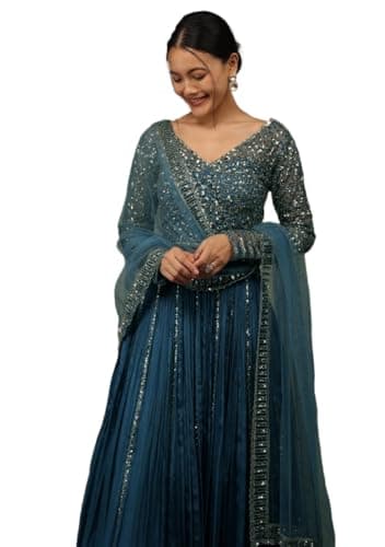 Indya Blue Embroidered Georgette Lehenga Set With Dupatta – Sequin Work for Festive | Long Sleeve | Indian Ethnic Wear