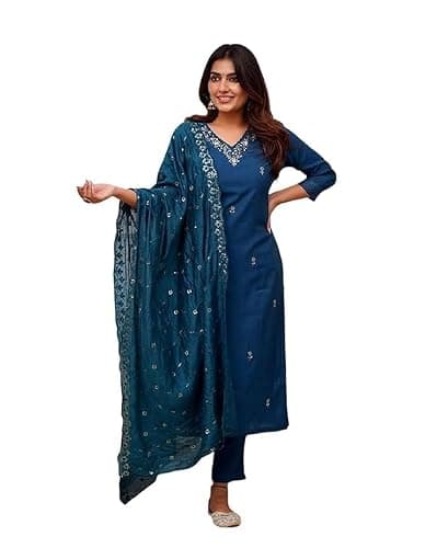 FOXDX Women's Embroidery Art Silk Straight Kurta Set with Dupatta (US, Alpha, XX-Large, Regular, Regular, Morpinch)