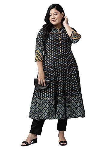 Yash Gallery Women's Rayon Floral Print Anarkali Kurta (Black)