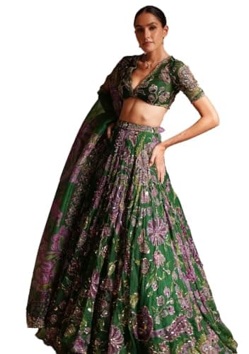 Indya Green Sequin Silk Lehenga Set | Perfect for Wedding | Half Sleeve | V Neck