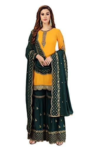 TRENDMALLS Women's Georgette Embroidery Kurta Sharara Suit Set Stitched (USTM.G58-Yellow-L)
