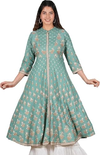 Yash Gallery Rayon Floral Printed Anarkali Kurtis for Women Indian Style Green