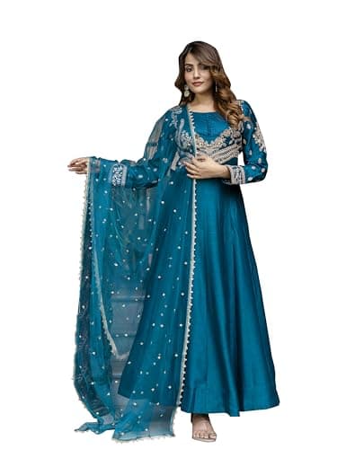 TRENDMALLS Women's Art Silk Embroidery Work Anarkali Kurta Pant with Net Dupatta Set For Women (G333-Morpeach-L)