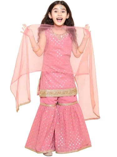 ADIVA Girls Indian Ethnic Wear Salwar Kameez For Kids|Girls Punjabi Suit|Kids Kurta Sharara Set For Girls|Indian Dress-PNK-38