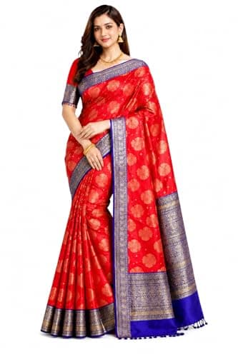 TRILOK CREATION Women's Kanjivaram Banarasi Silk Saree With Unstitched Blouse Piece 5.80 Meter (Red and Royal blue)