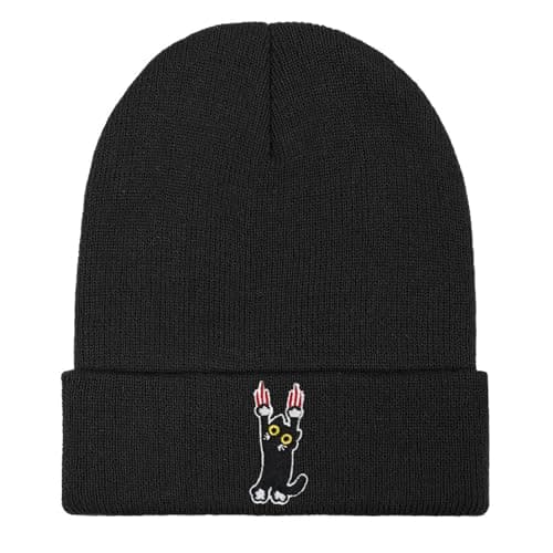 Funny Cat Embroidered Beanie for Men Women Cute Winter Hat Unisex Warm Polyester Beanie Gift for Cat Lovers