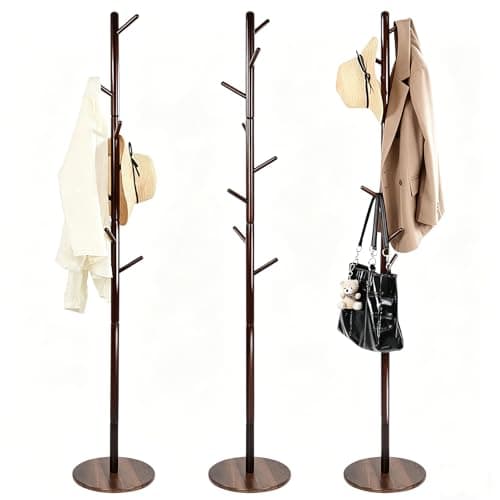 cbeyook Coat Rack Freestanding- Solid Wood New Zealand Pine Hall Tree with 8 Hooks & 3 Adjustable Levels, Corner Wooden Coat Hanger for Entryway, Hallway and Small Space (Hats, Purses, Bags)