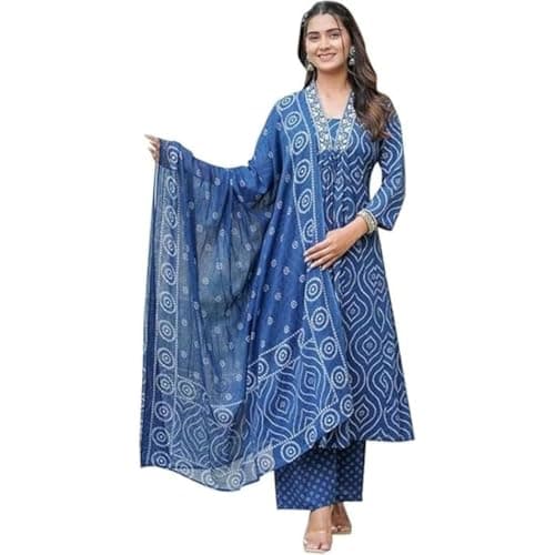 ZYLAURA Indian Casual Dress for Women Salwar Kameez Suit - Pure Cotton Ethnic Anarkali Kurta Set, Festive Traditional Wear 3/4 Sleeve - Blue Medium Size
