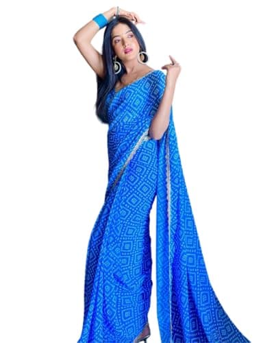 BE4ME.COM Ready to wear saree one min ready saree Pre draped pre-stitched sari with Unstitched Blouse (Royal BLue bandhani)